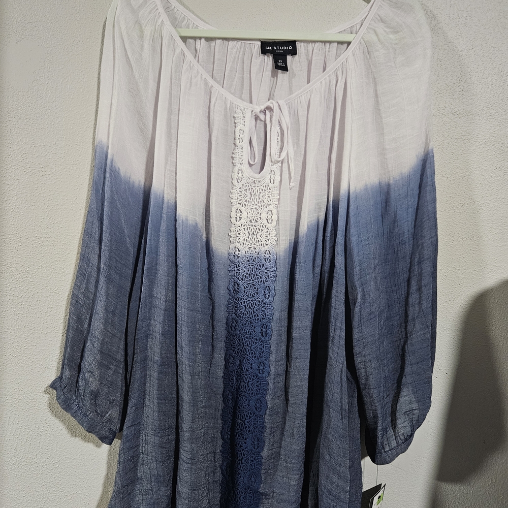I.N. Studio Blue Ombre Lace Blouse - Picture 2 of 4